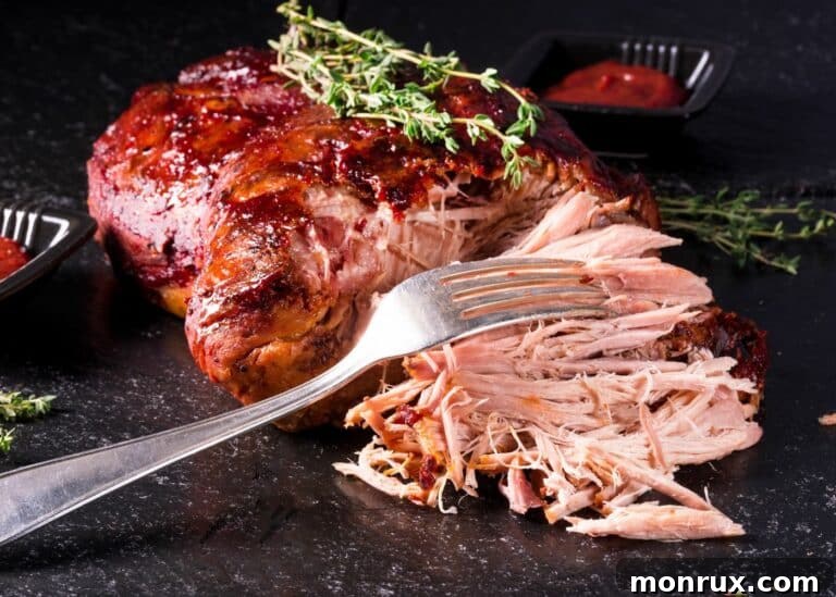 A fork shredding a roasted pork loin, demonstrating the perfect texture for pulled pork.