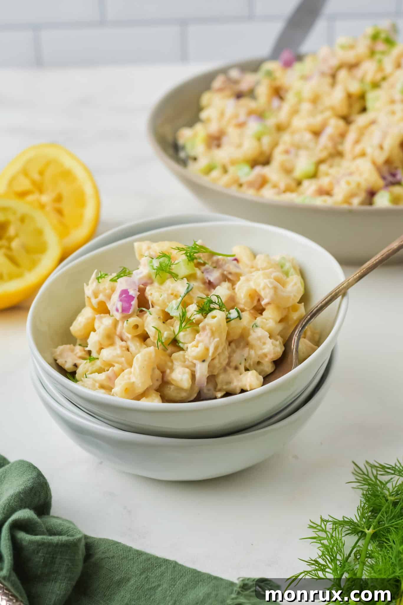 A vibrant tuna pasta salad, offering a nutritious and soft meal option.