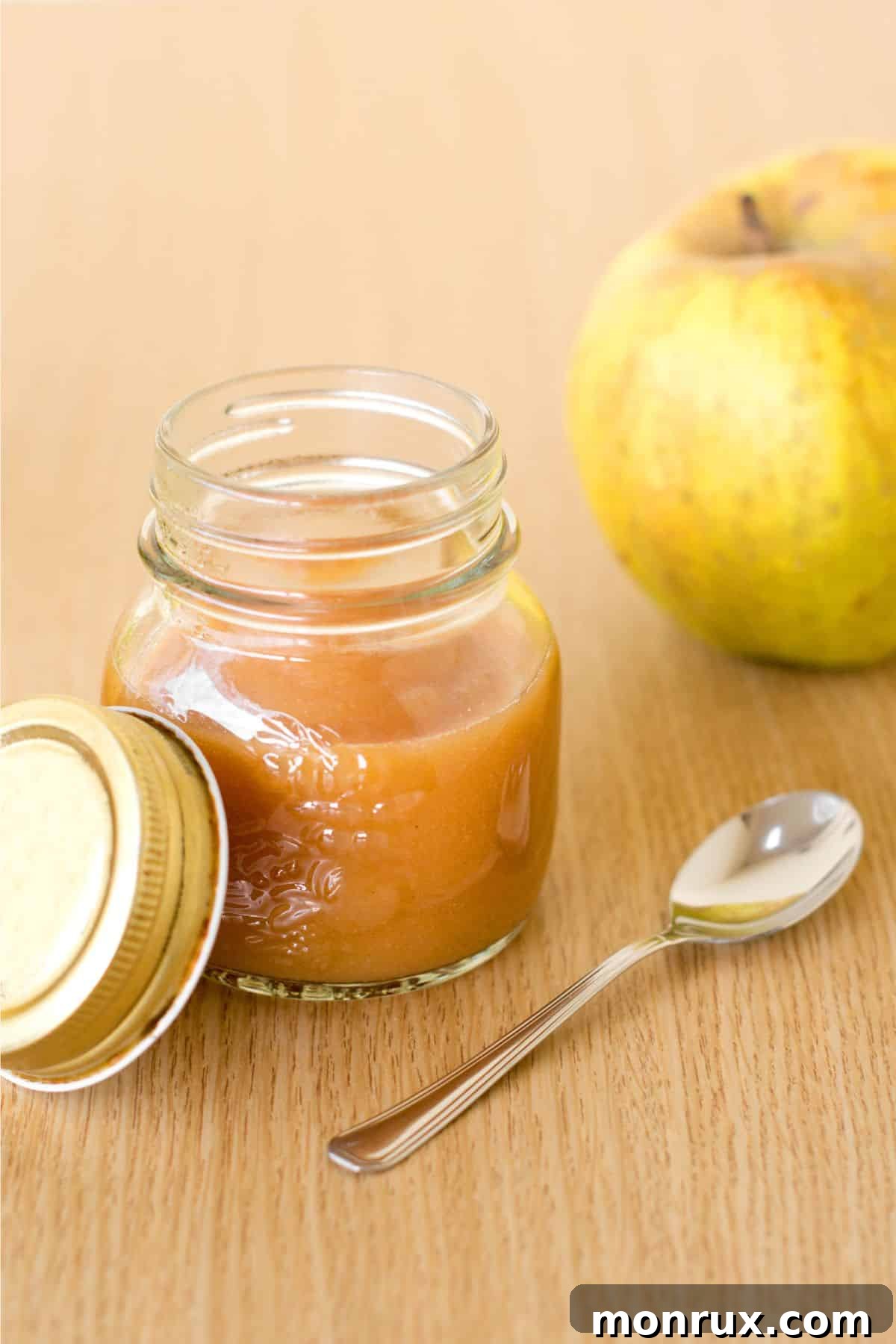 Blended applesauce puree, similar to jarred baby food, a smooth option for soft diets.