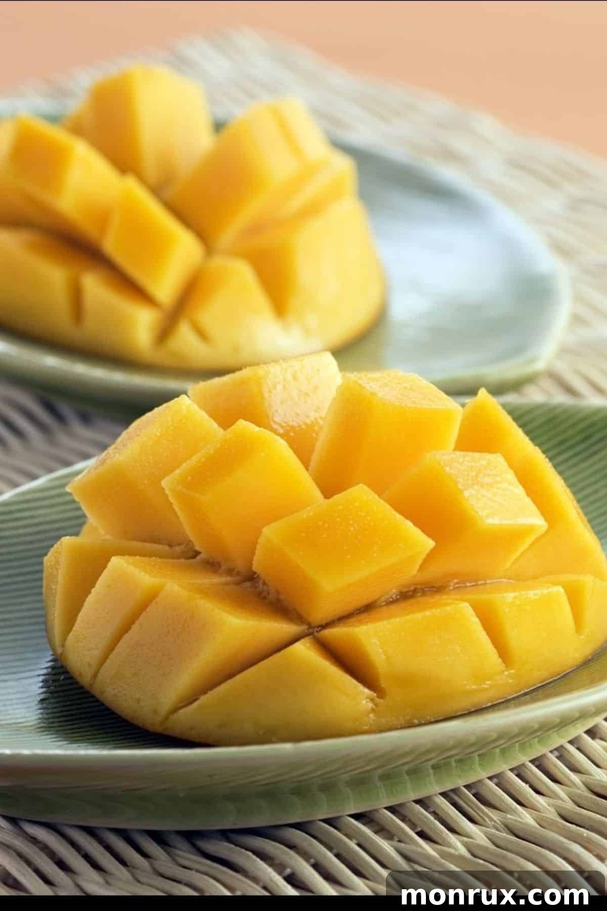 Slices of ripe, juicy mango served on a plate, a sweet and soft fruit treat.