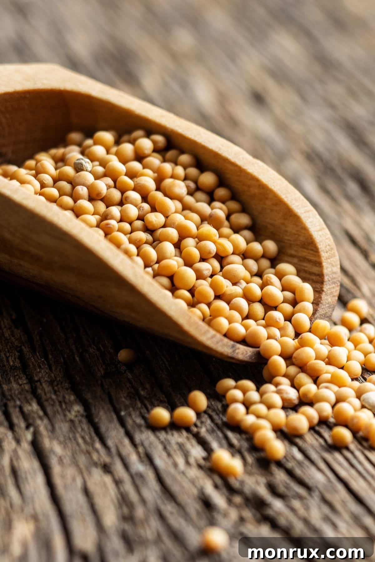 A wooden scoop overflowing with tiny, golden yellow mustard seeds, positioned over a rustic wooden surface.