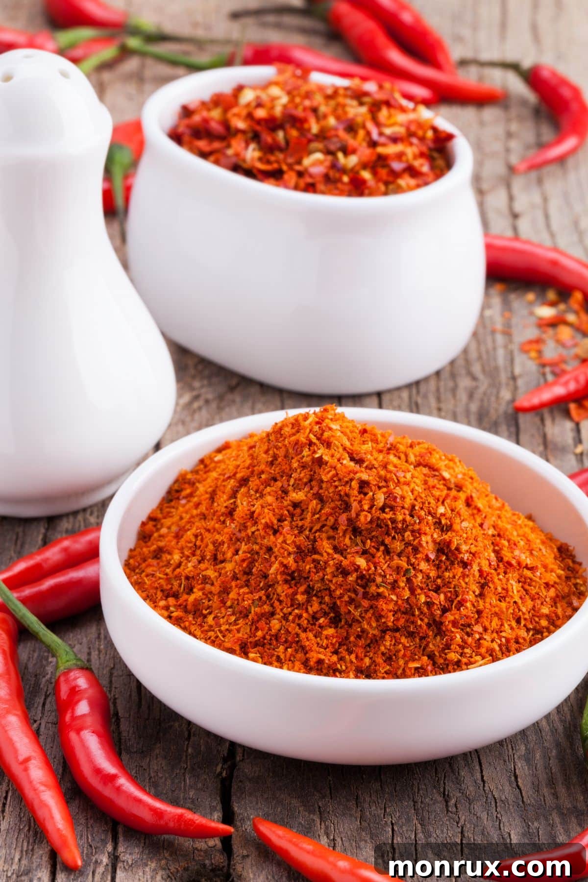 A bowl of vibrant red chili powder, surrounded by fresh red chili peppers and dried chilies on a wooden background.