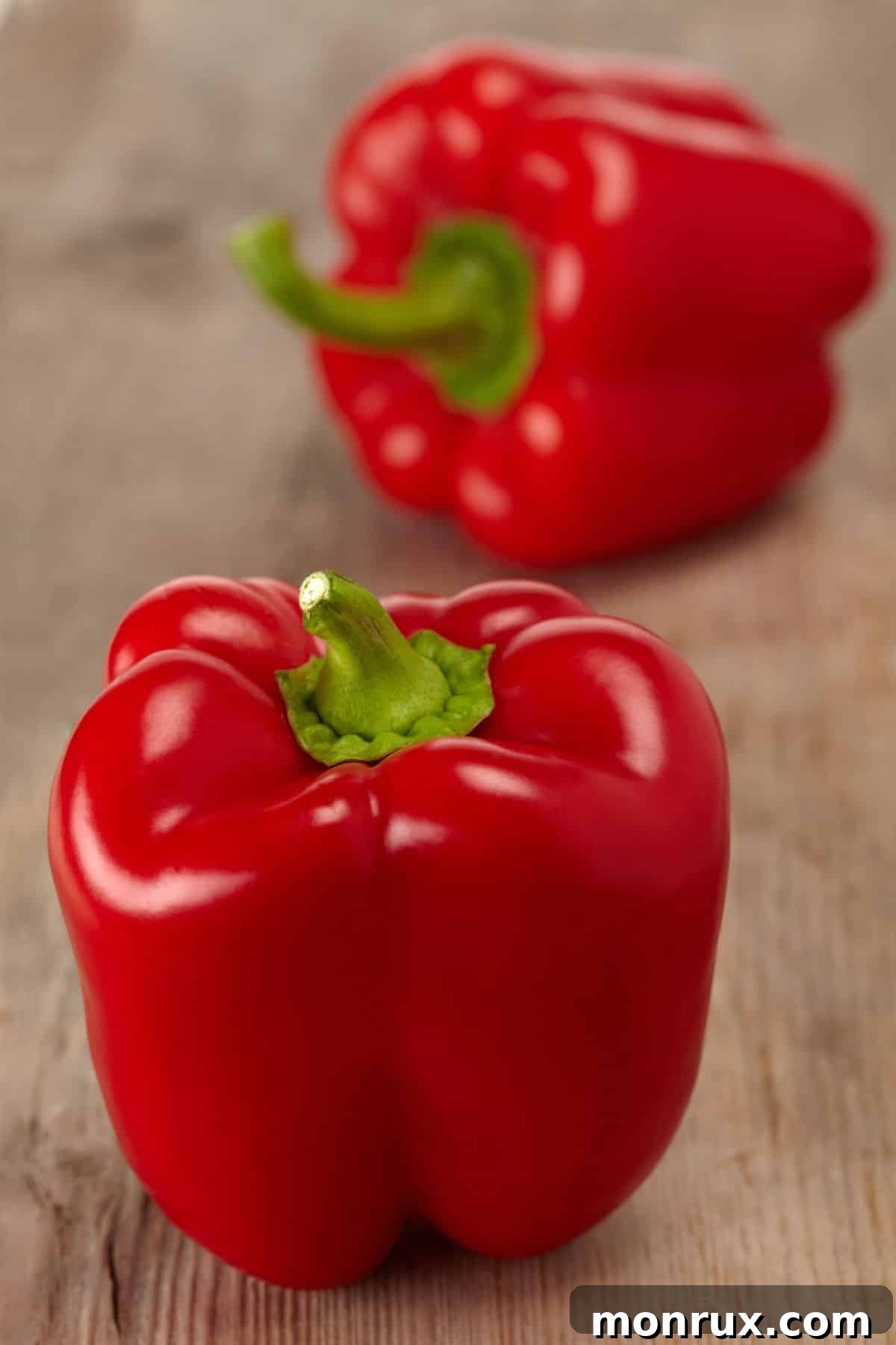 Red bell peppers on wooden surface.