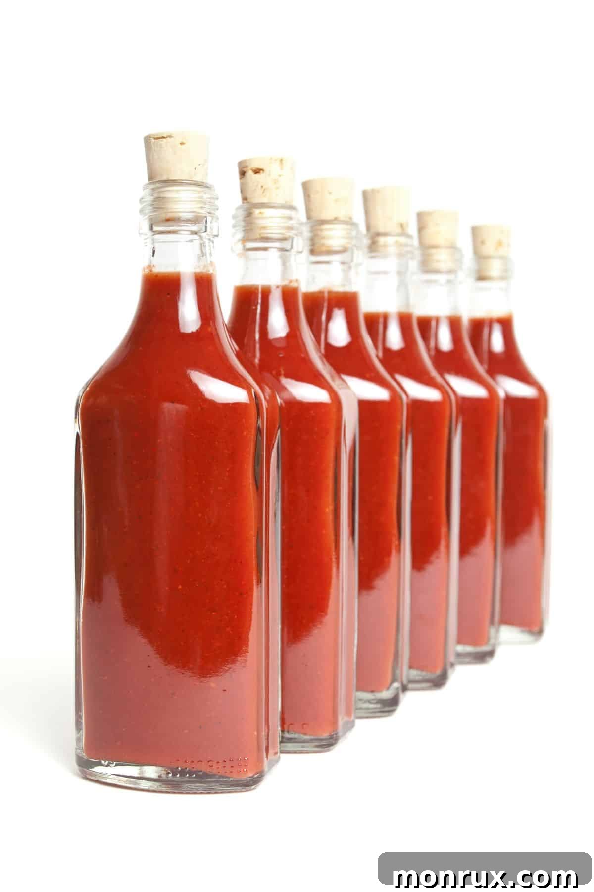 Jars of chili pepper hot sauce lined up.