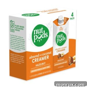 A carton of Nut Pods Hazelnut Creamer, emphasizing its dairy-free and unsweetened qualities.
