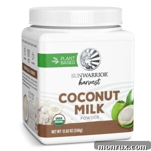 A container of Sunwarrior Harvest Coconut Milk, ideal for vegan and unsweetened coffee.