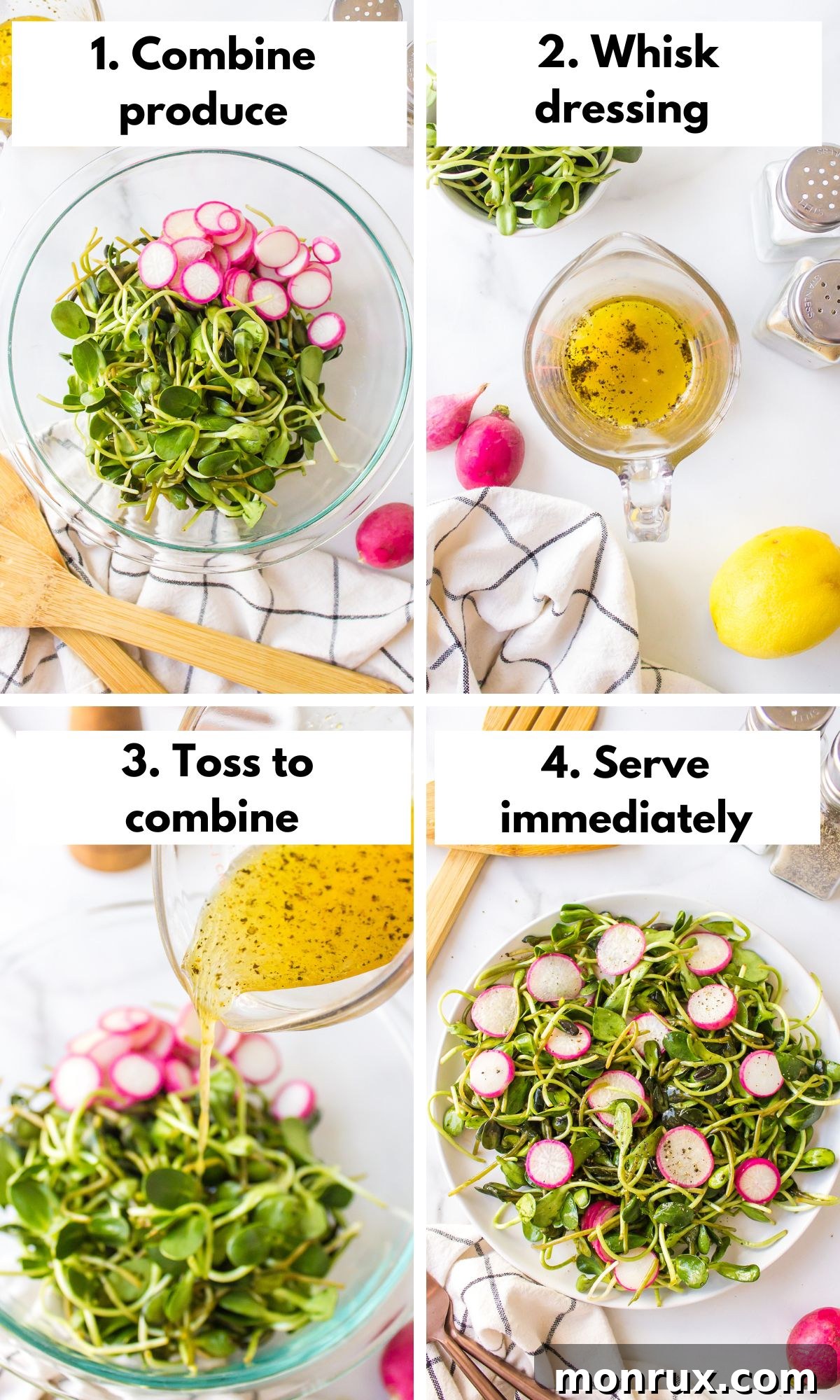 A visual guide showing how to prepare the microgreens salad, from combining ingredients to whisking the homemade dressing.
