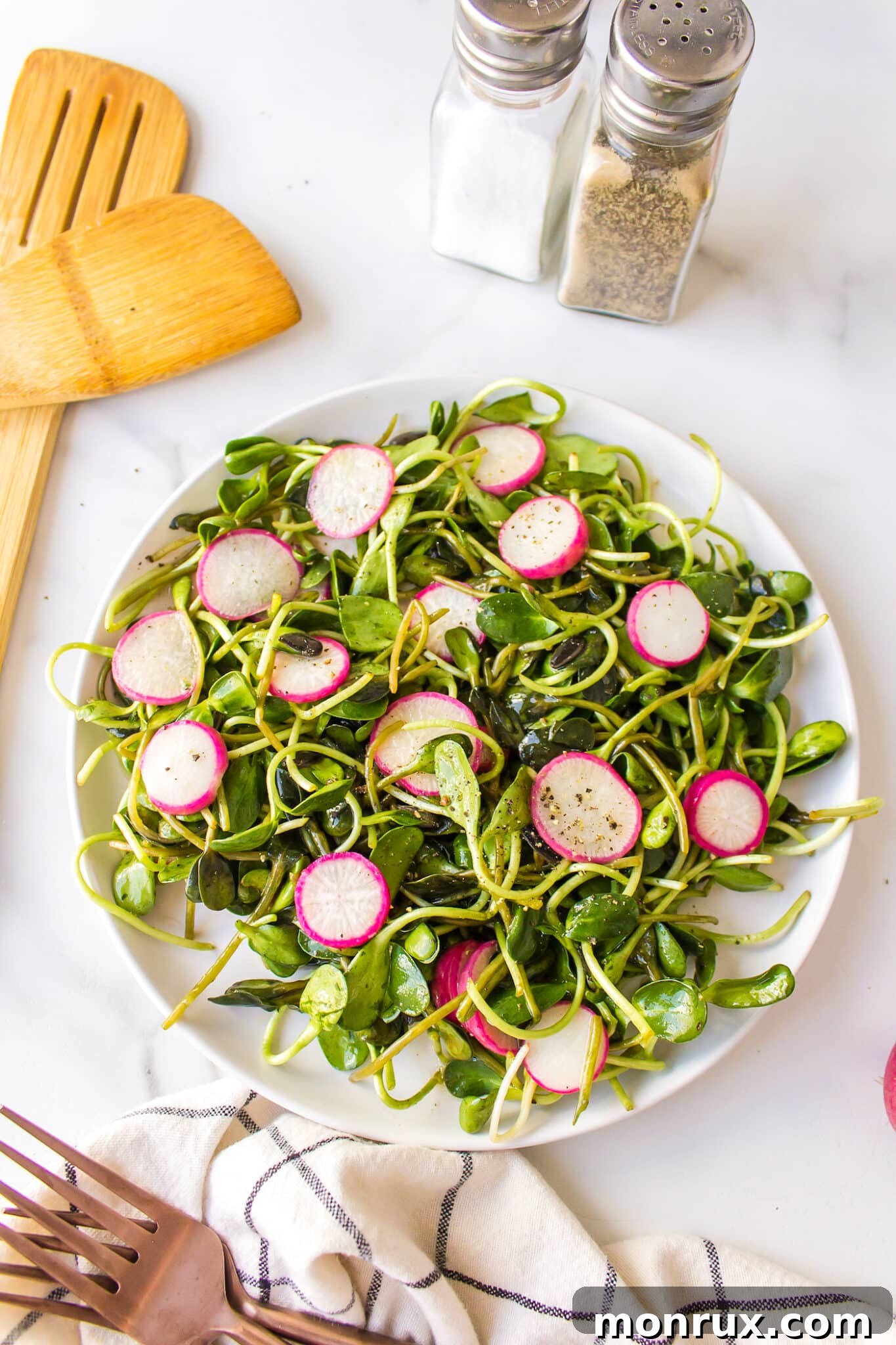 A close-up shot of the finished Microgreens Salad with radishes and lemon vinaigrette on a white plate, highlighting its vibrant colors and freshness.
