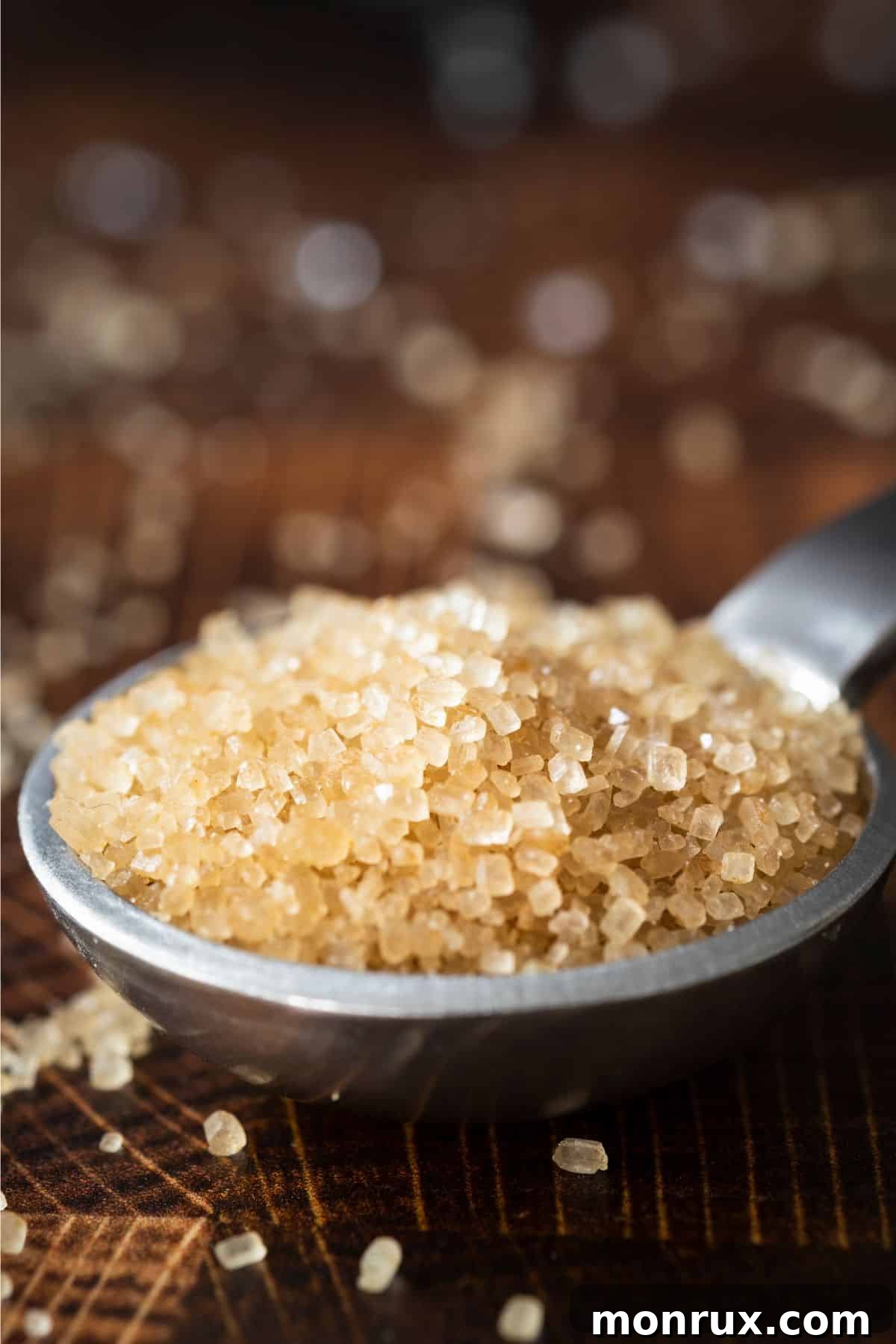 Metal spoonful of raw sugar on wooden surface.