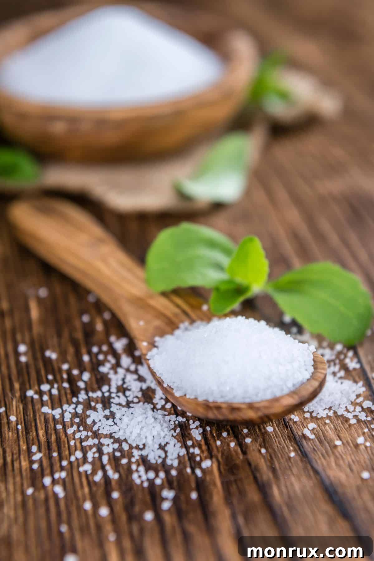Spoonful of stevia with erythritol and fresh stevia leaves on wooden surface.