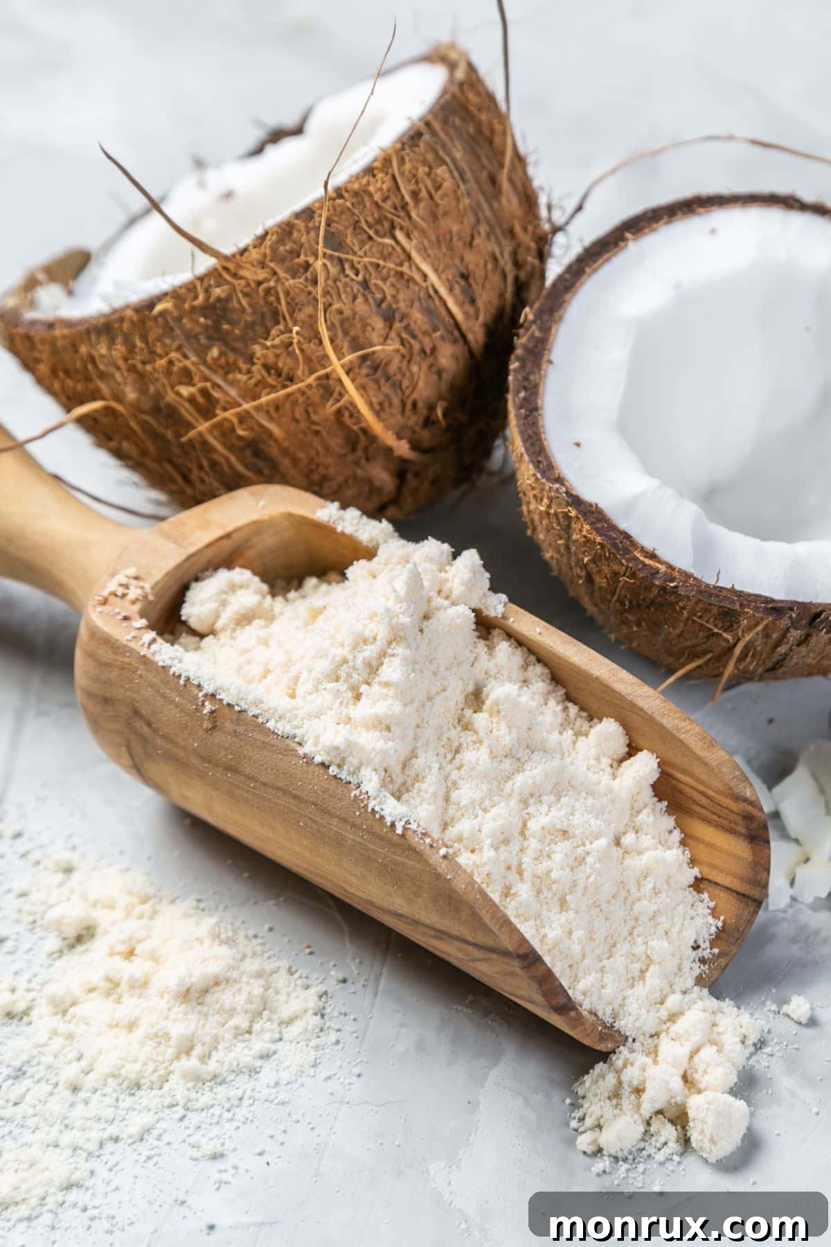 Scoop of coconut flour on wooden surface with halved coconuts.