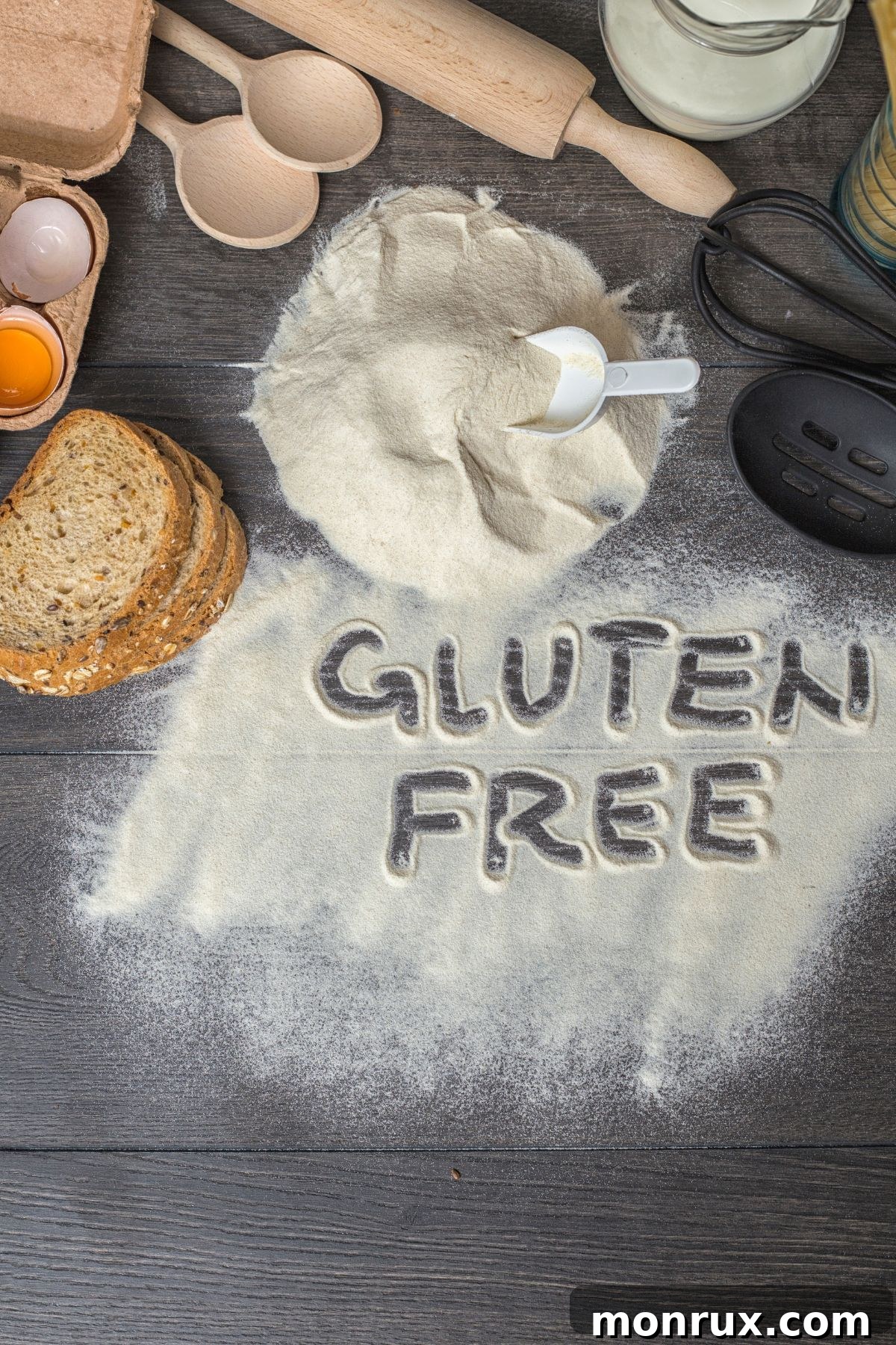 Gluten free flour with baking utensils on dark wooden surface.