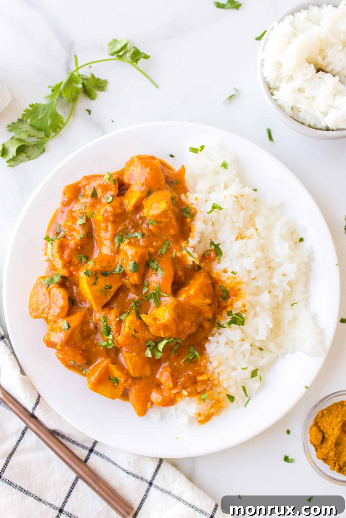 A serving of simple chicken curry with fluffy white rice, ready to be enjoyed.