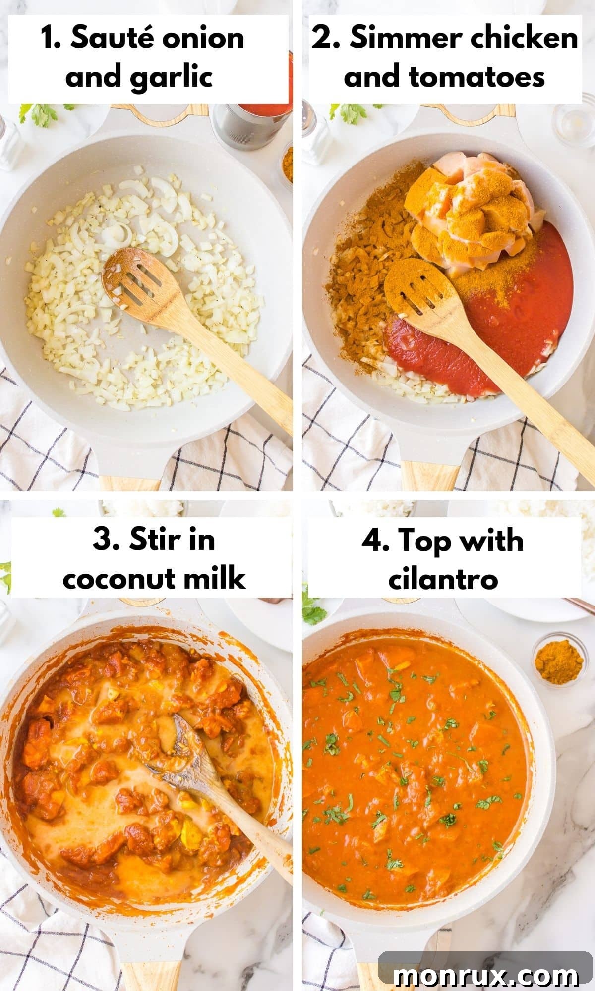 A visual guide showing the process of making chicken curry in a saucepan, from sautéing to simmering.