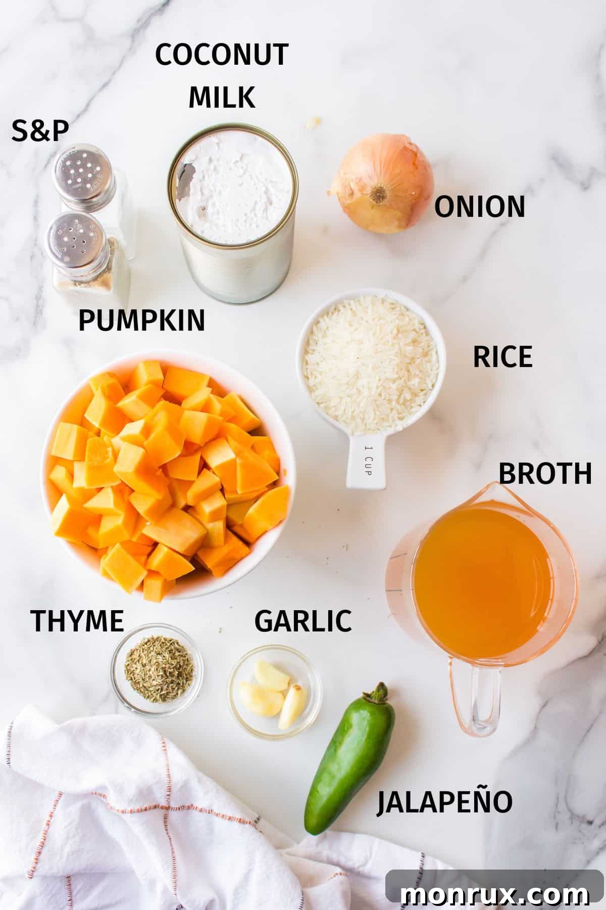Ingredients for creamy pumpkin rice arranged in small, colorful bowls on a clean white surface, showcasing the fresh vegetables and spices.