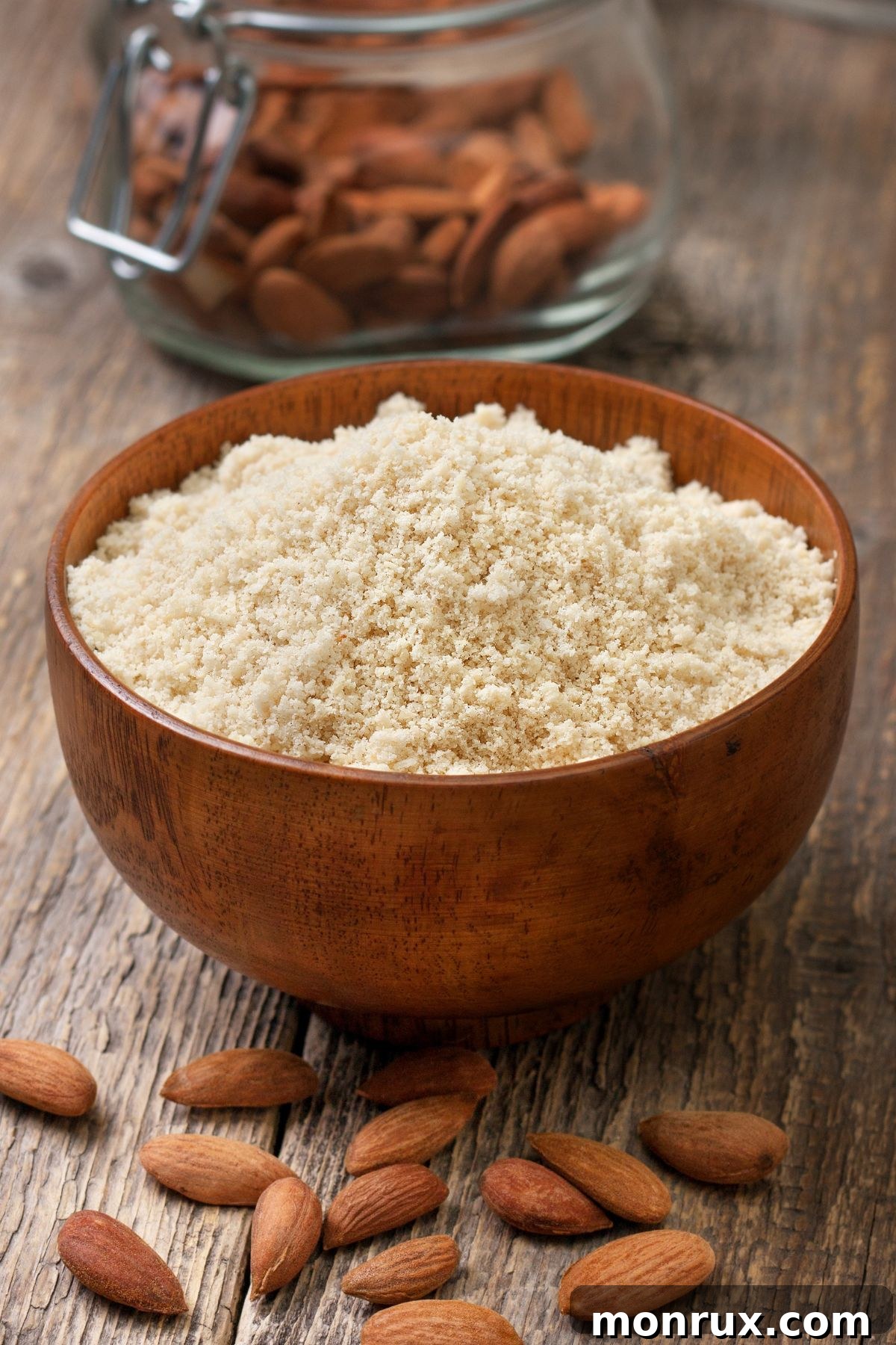 Bowl of finely ground almond flour, with raw almonds scattered around on a wooden surface, highlighting its natural source and quality.