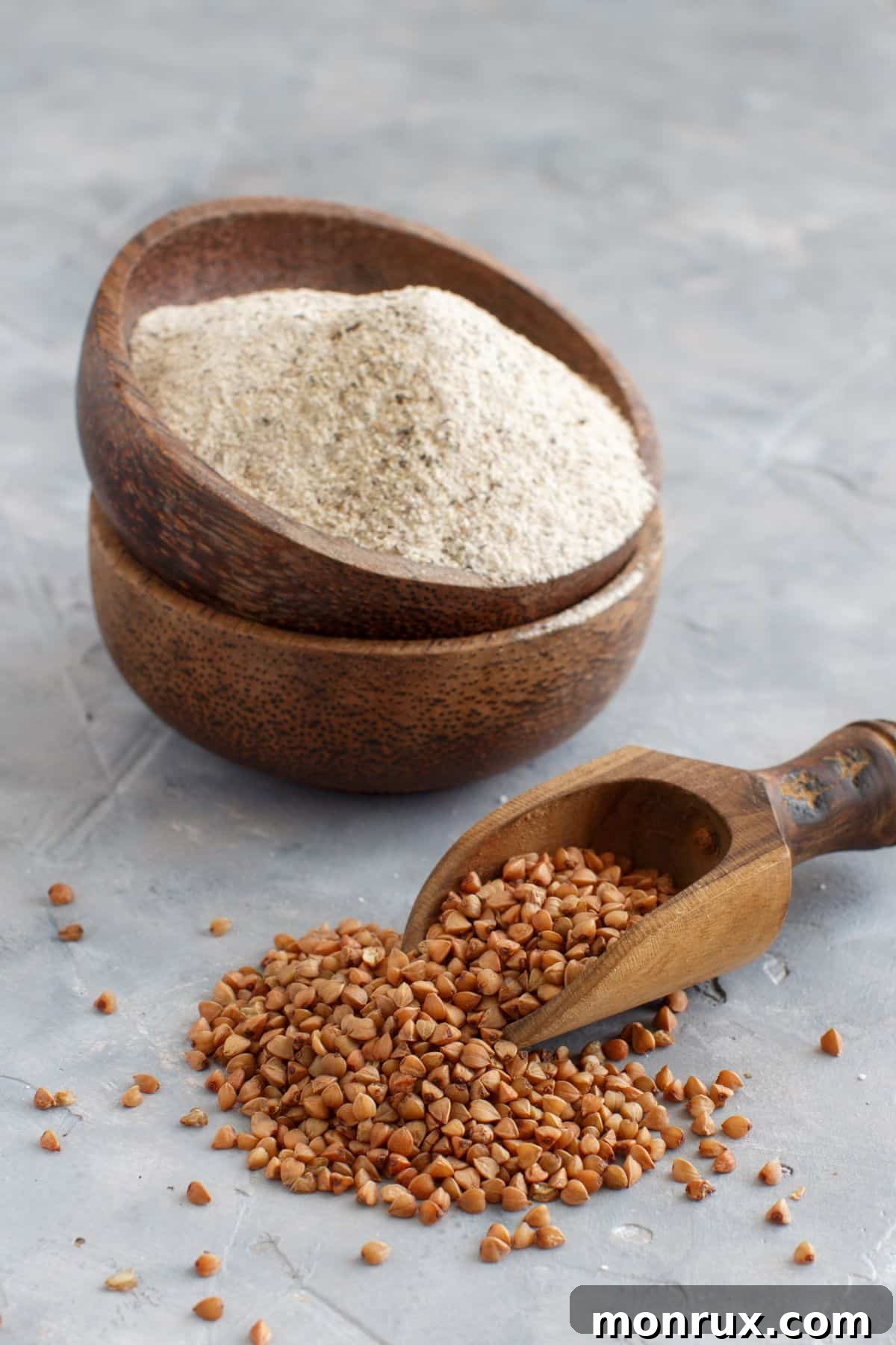 Bowls of dark buckwheat flour and a scoop of unground buckwheat kernels, illustrating its whole-grain nature and earthy origins.