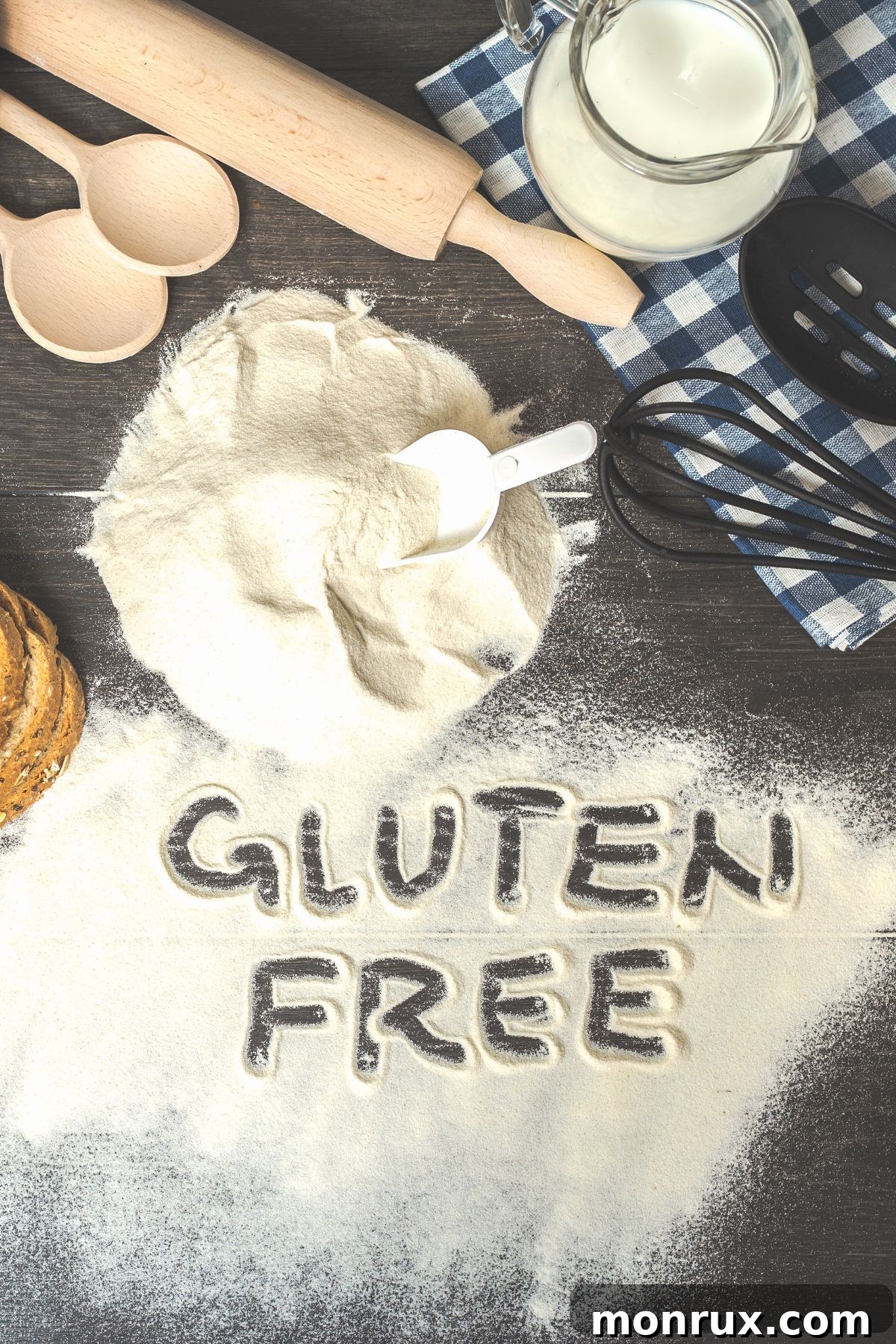 The phrase 'Gluten Free' spelled out in white gluten-free flour on a rustic wooden surface, symbolizing versatility.