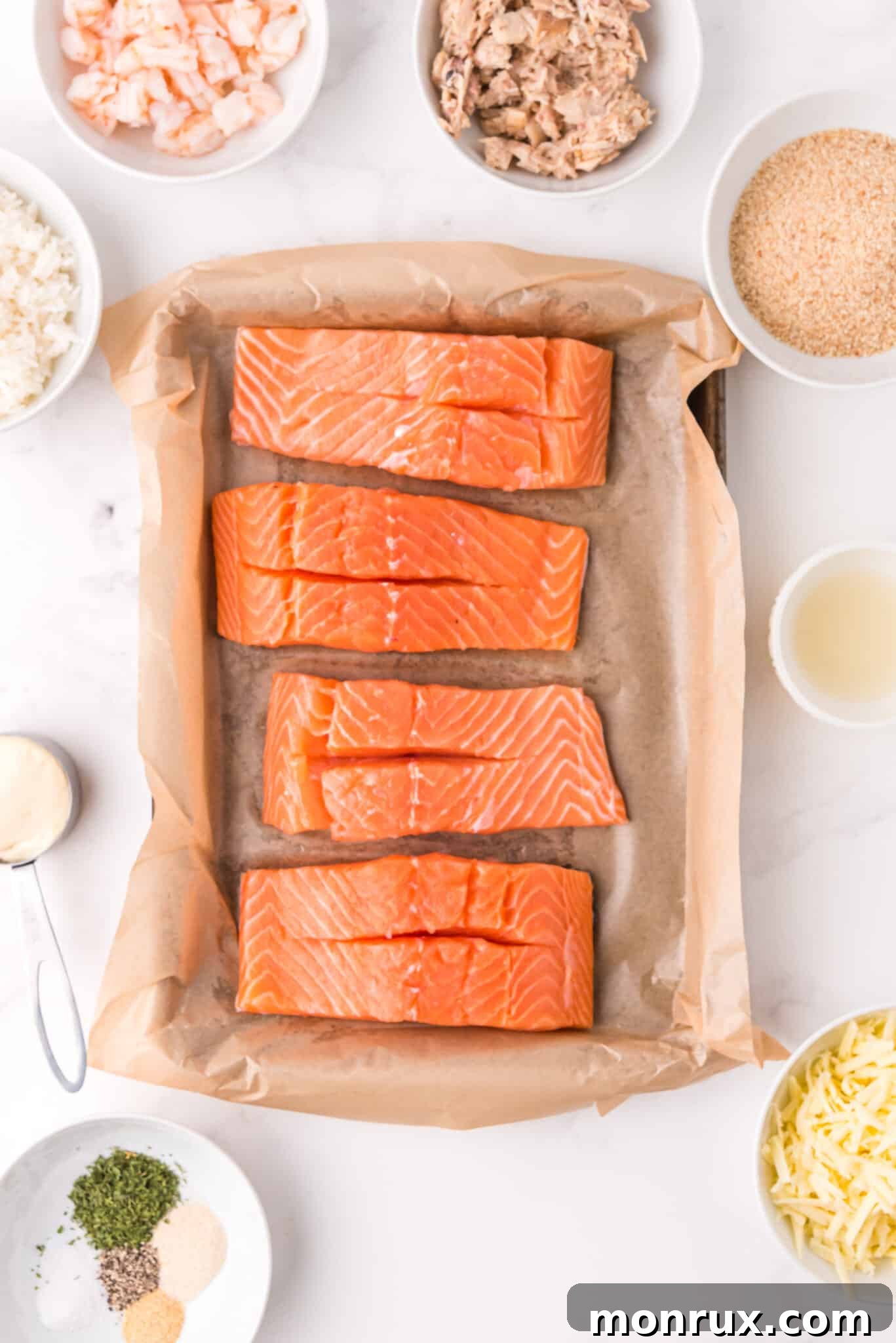Image illustrating how to meticulously cut slits into salmon fillets to create pockets for stuffing.