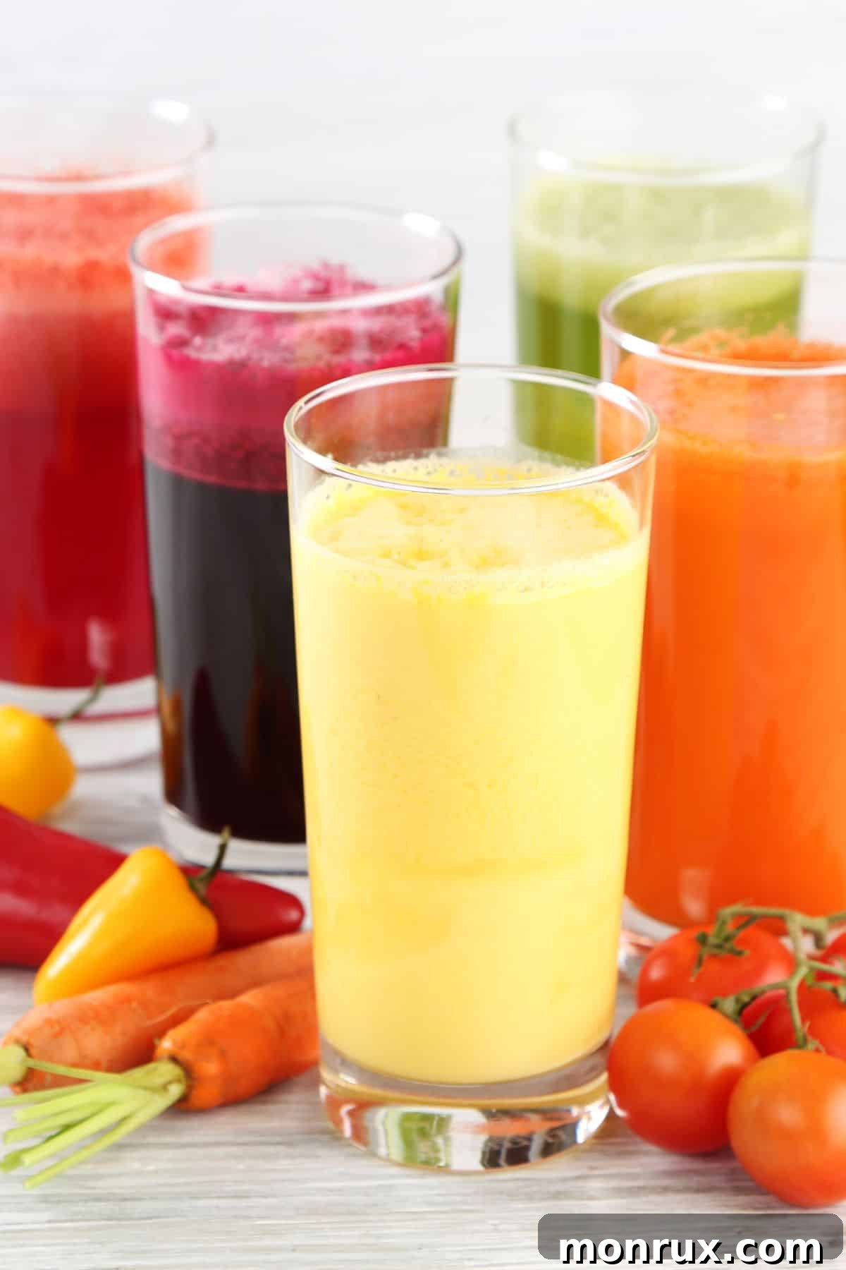 five glasses of different types of juice.