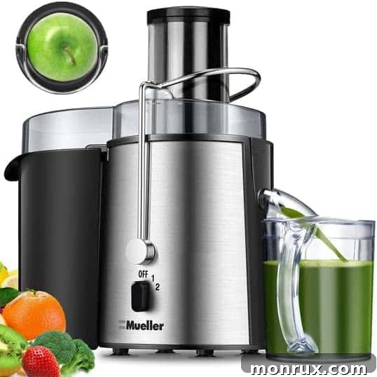 A sleek, modern Mueller centrifugal juicer in black and silver.