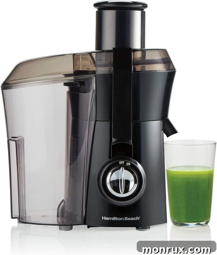 A robust Hamilton Beach centrifugal juicer with a large pulp container.