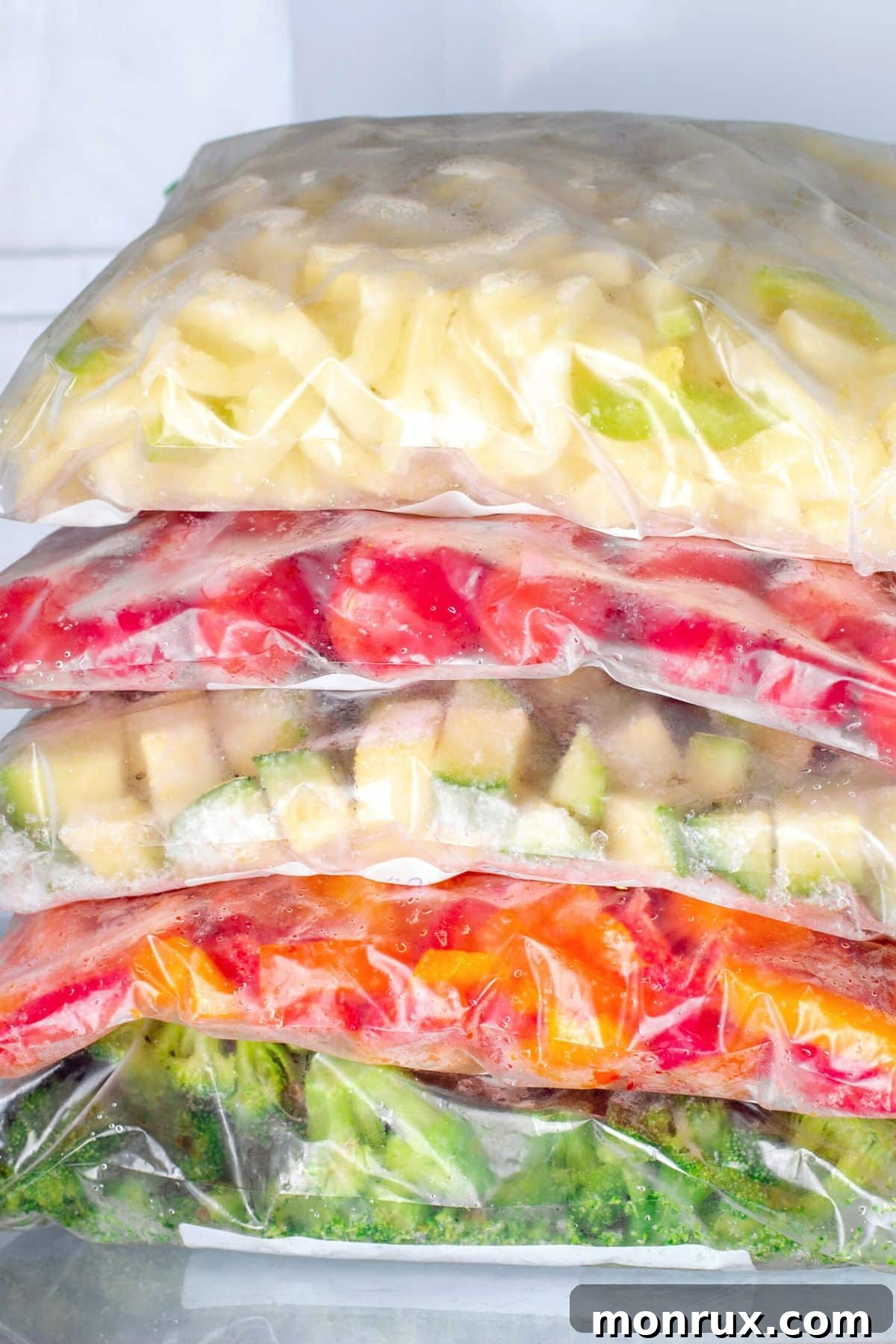 Plastic baggies of diced frozen veggies stacked neatly in the freezer, showcasing organized frozen food storage.