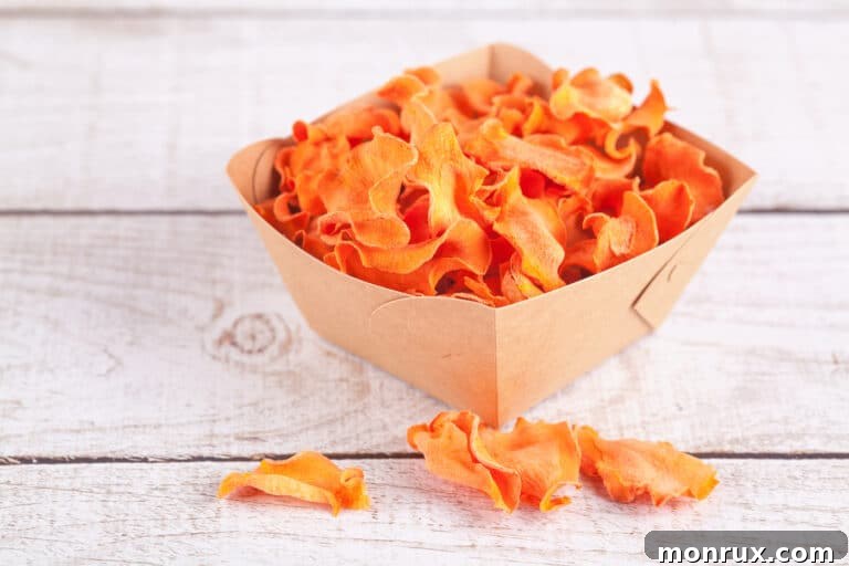 Dehydrated carrot chips in a rustic brown box on a wooden surface.