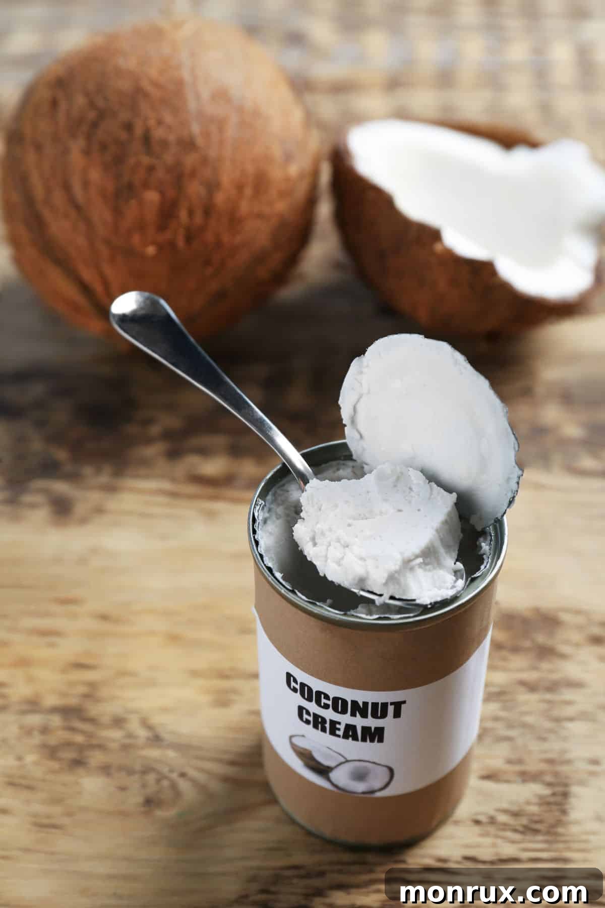 a can of opened coconut cream next to a sliced coconut.