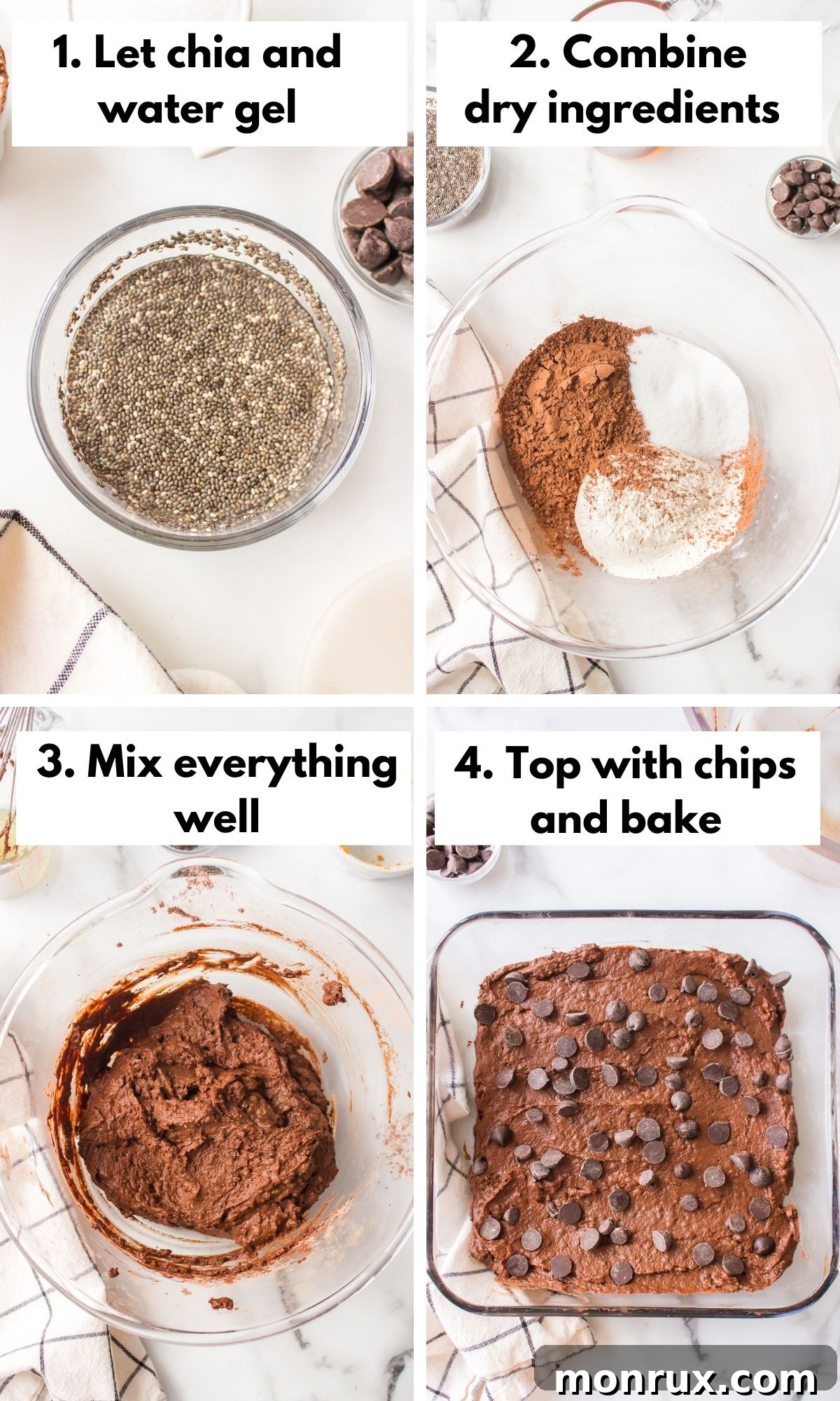 A four-panel photo collage illustrating the process of making vegan pumpkin brownies, from mixing ingredients to pouring batter into the baking dish.