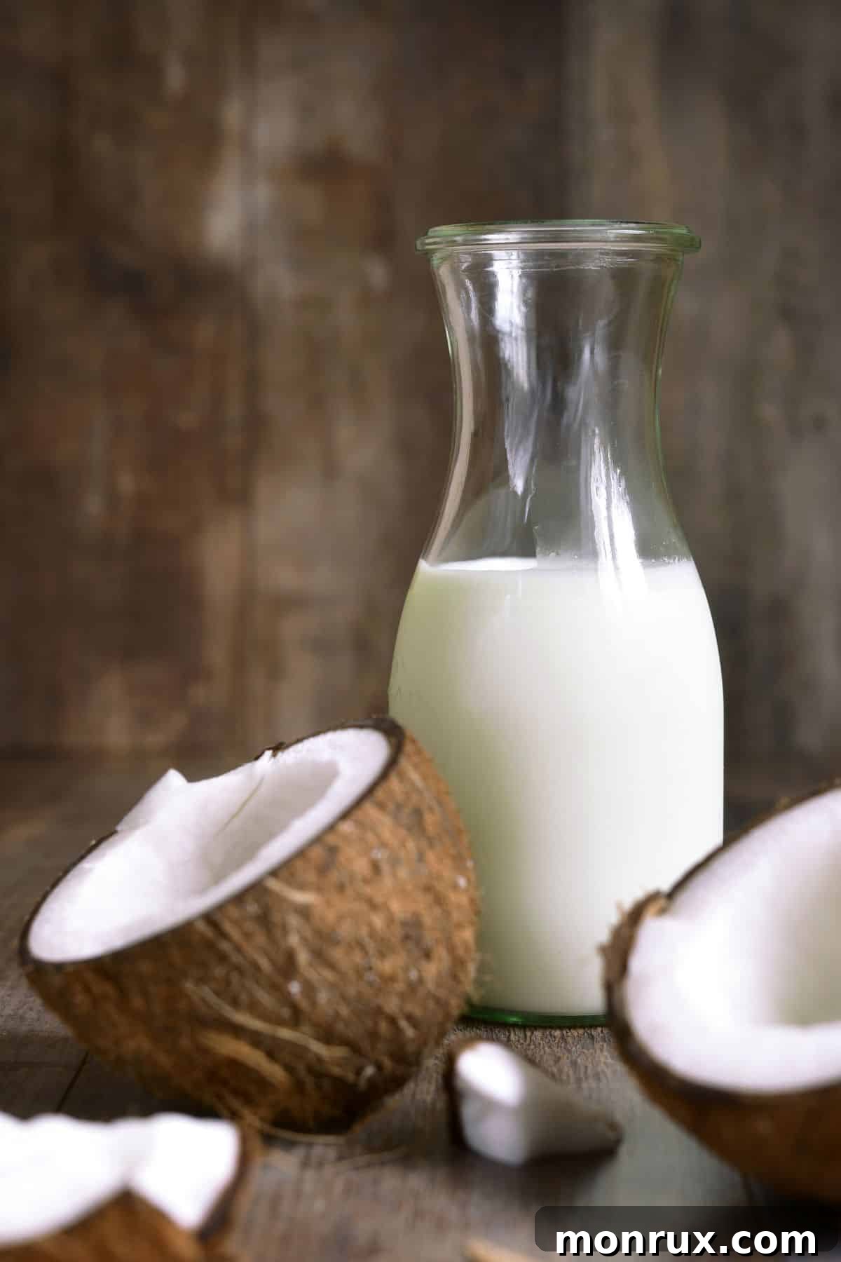 Jar of coconut milk with halved coconuts on wooden surface.