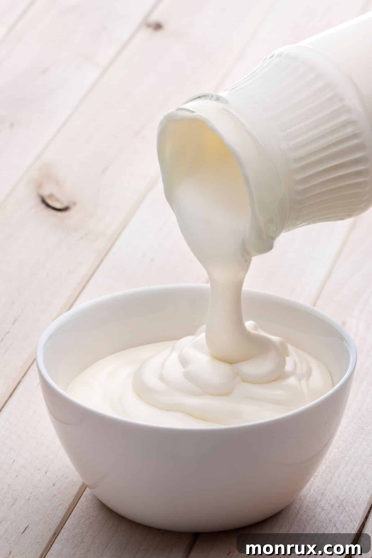 Jar pouring heavy whipping cream in white bowl on wooden surface.