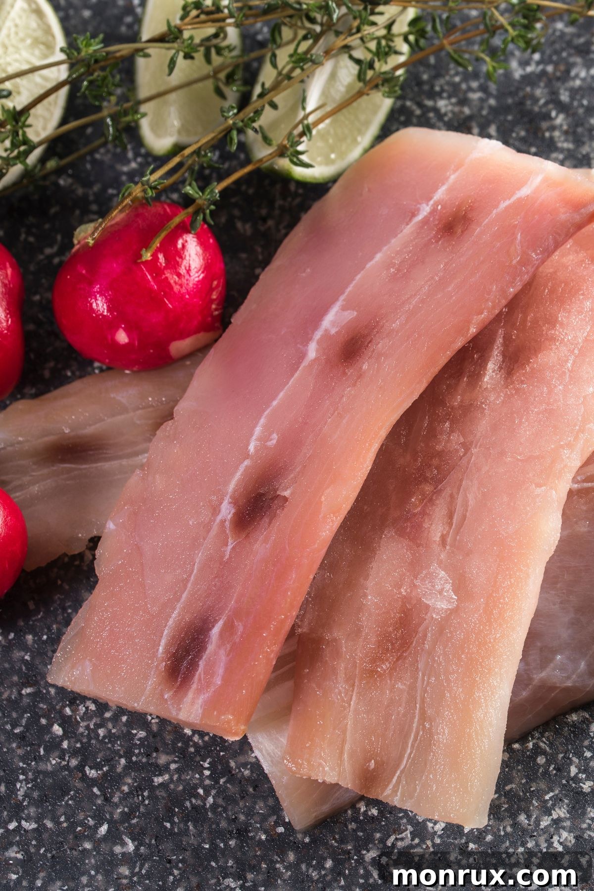 Mahi mahi with fresh radish, lime, and thyme.
