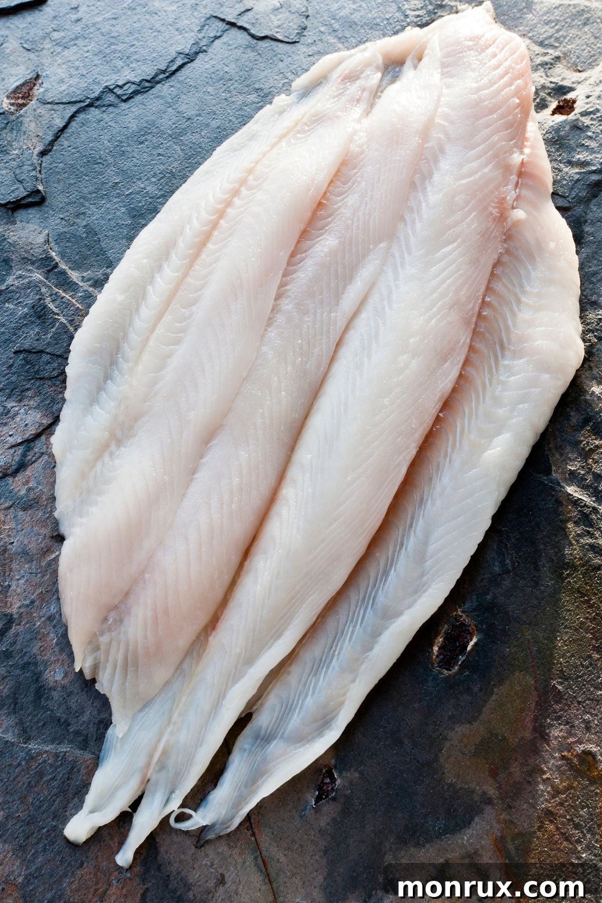 Sole fillets on slate surface.