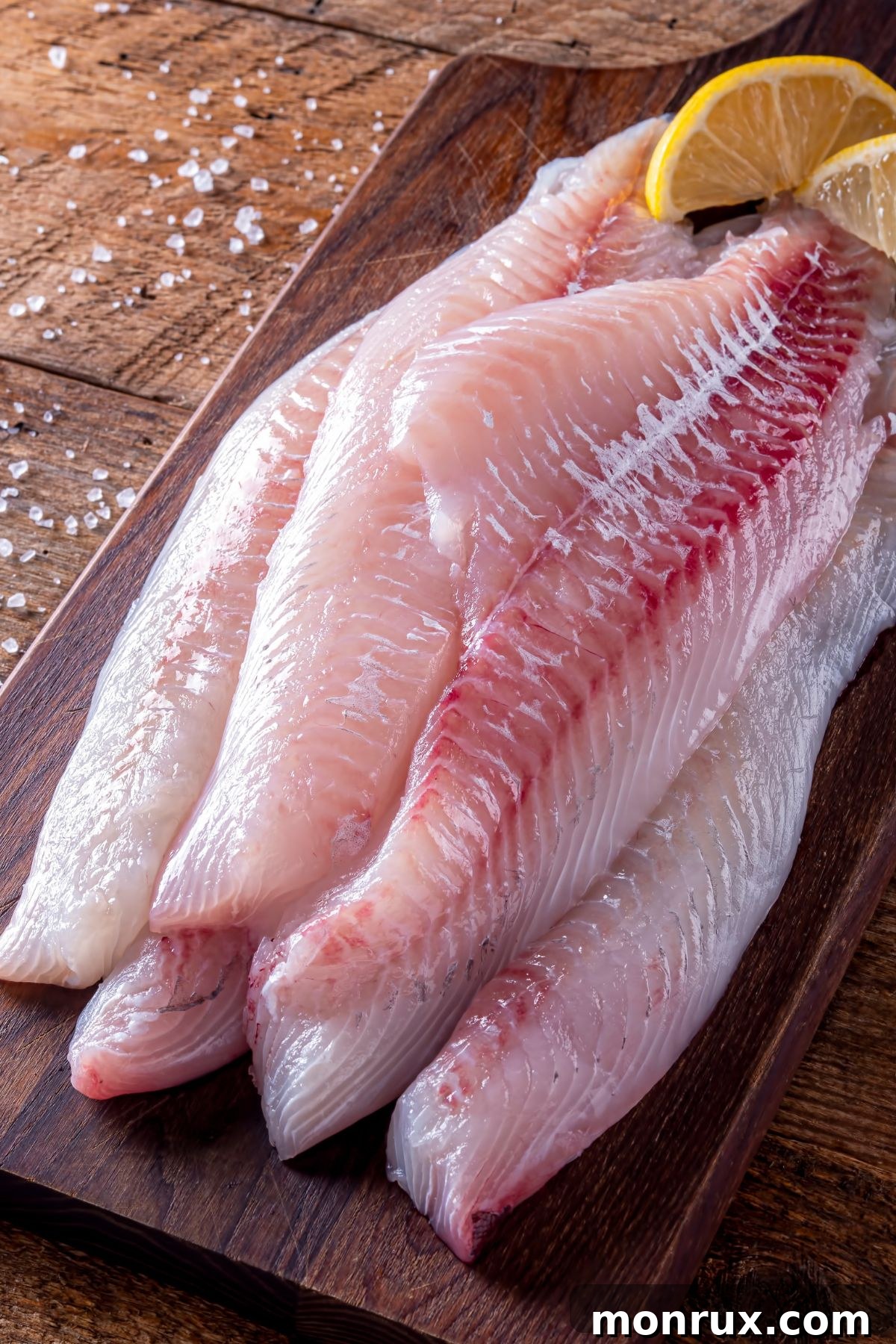 Haddock fillets on wooden cutting board with lemon.