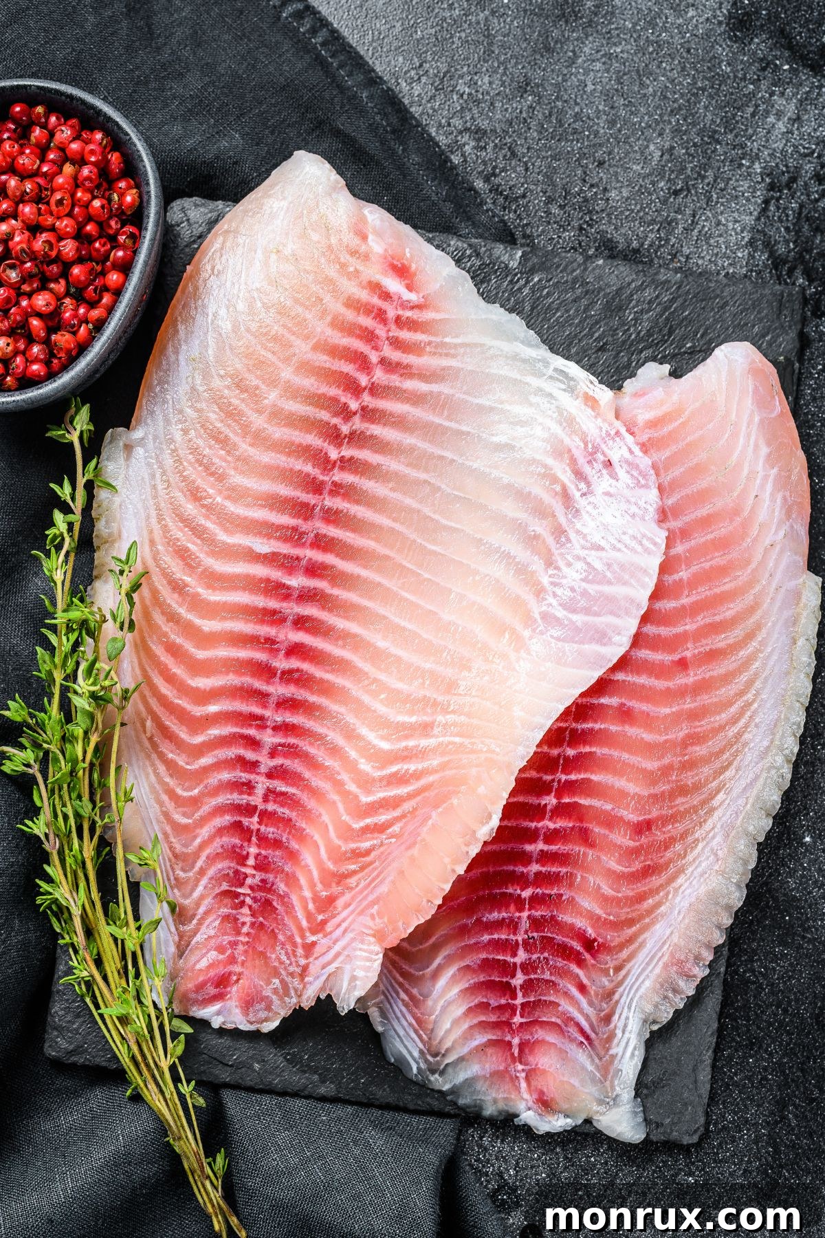 Tilapia fillets on slate with fresh thyme.