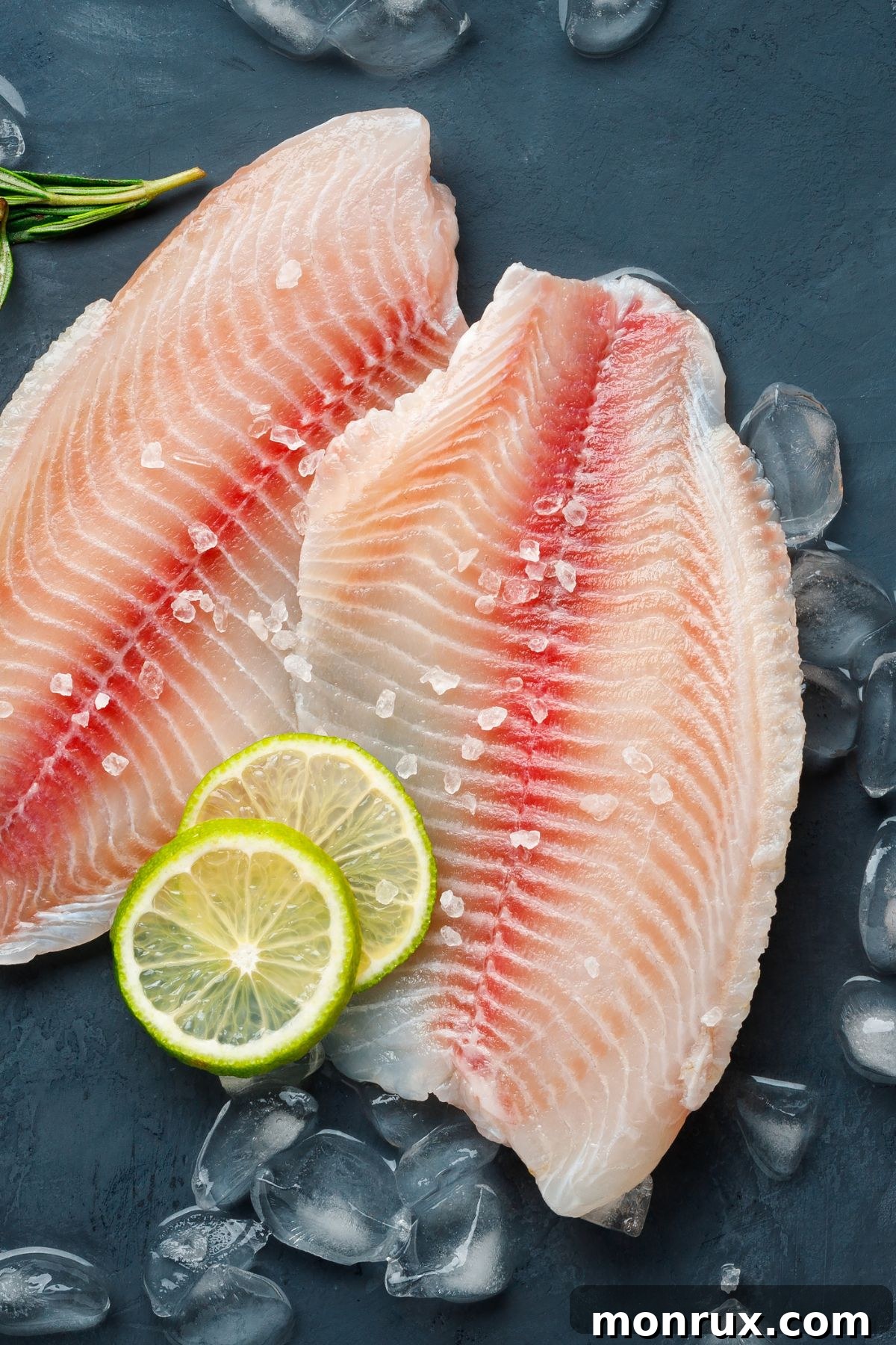 Sea bass fillets with ice cubes, salt and lime slices.