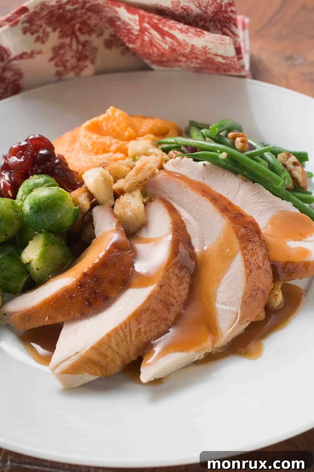 A beautifully plated Thanksgiving dinner with golden-brown dairy-free gravy generously drizzled over succulent turkey slices and classic side dishes.