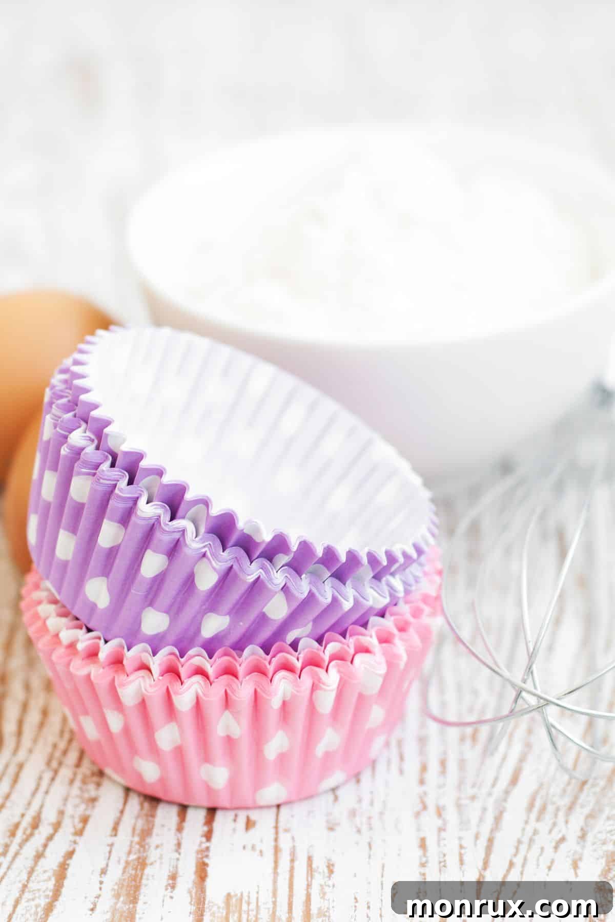 A stack of vibrant pink and purple cupcake papers, ready for baking.