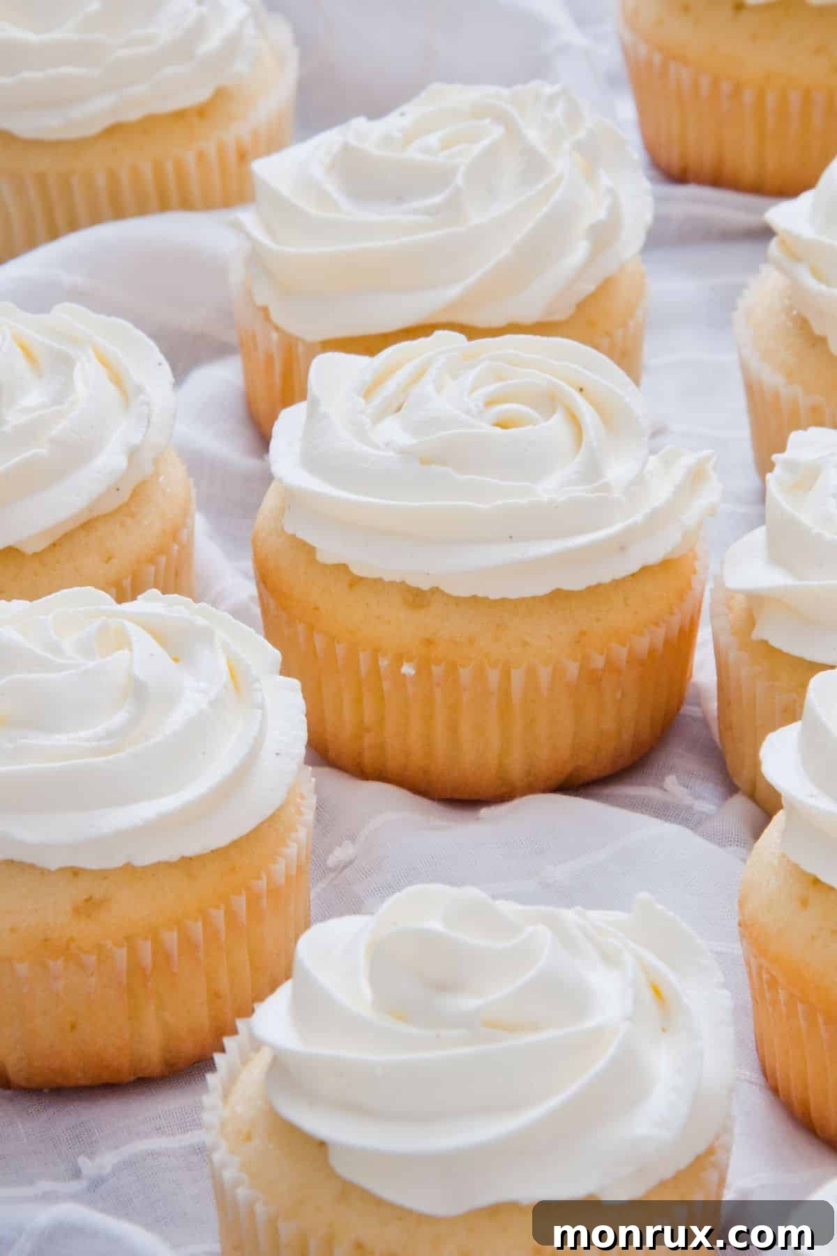 An elegantly piped gluten-free and dairy-free vanilla cupcake with white frosting resembling a rose.