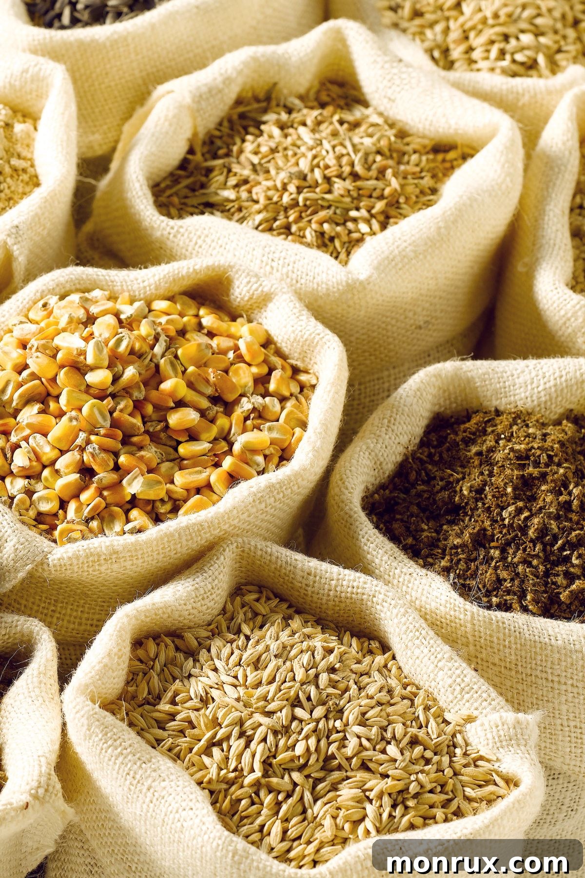 Individual bags of various types of grains, illustrating the diversity of grain products.