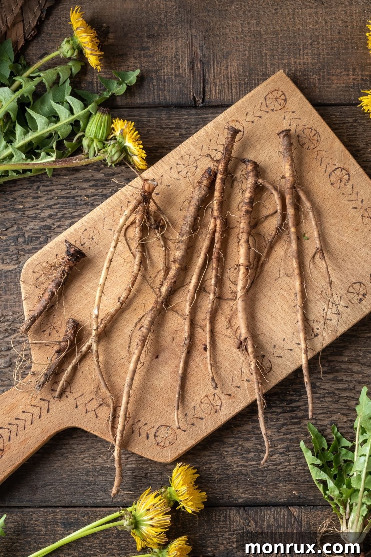 Freshly harvested dandelion roots placed on a cutting board, surrounded by vibrant dandelion flowers and leaves, highlighting their detoxifying properties.