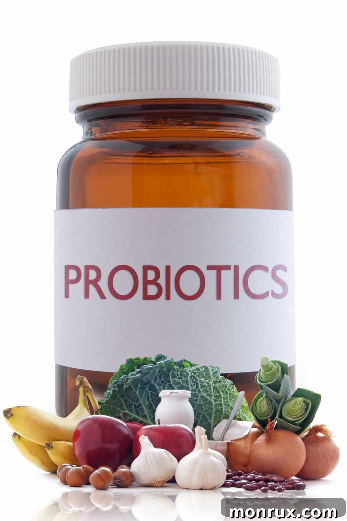 a bottle of probiotics surrounded by healthy foods.