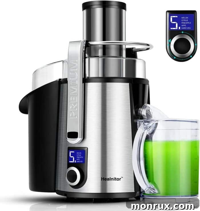 A powerful Healnitor 1000W Centrifugal Juicer, showcasing its sleek stainless steel design.