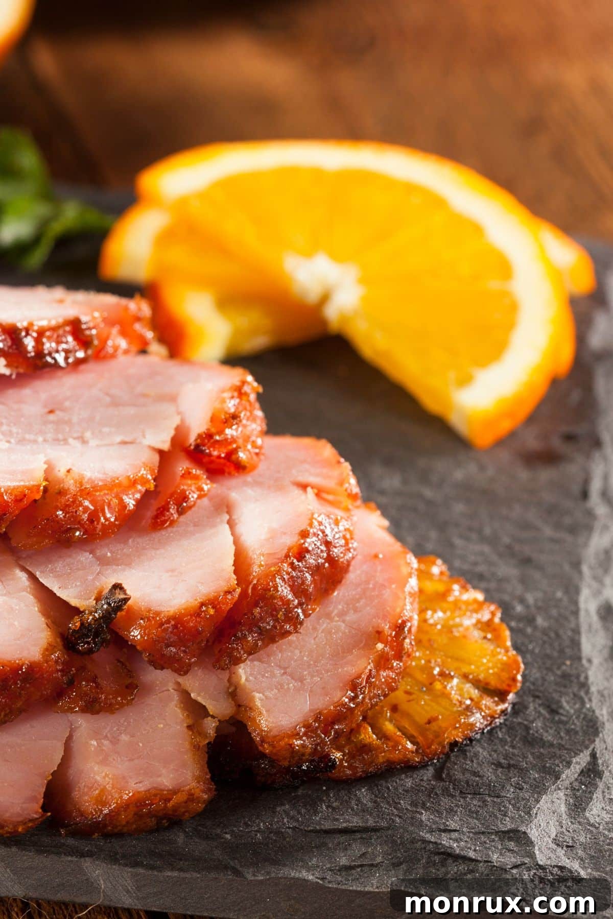 Ham slices on a stone board.