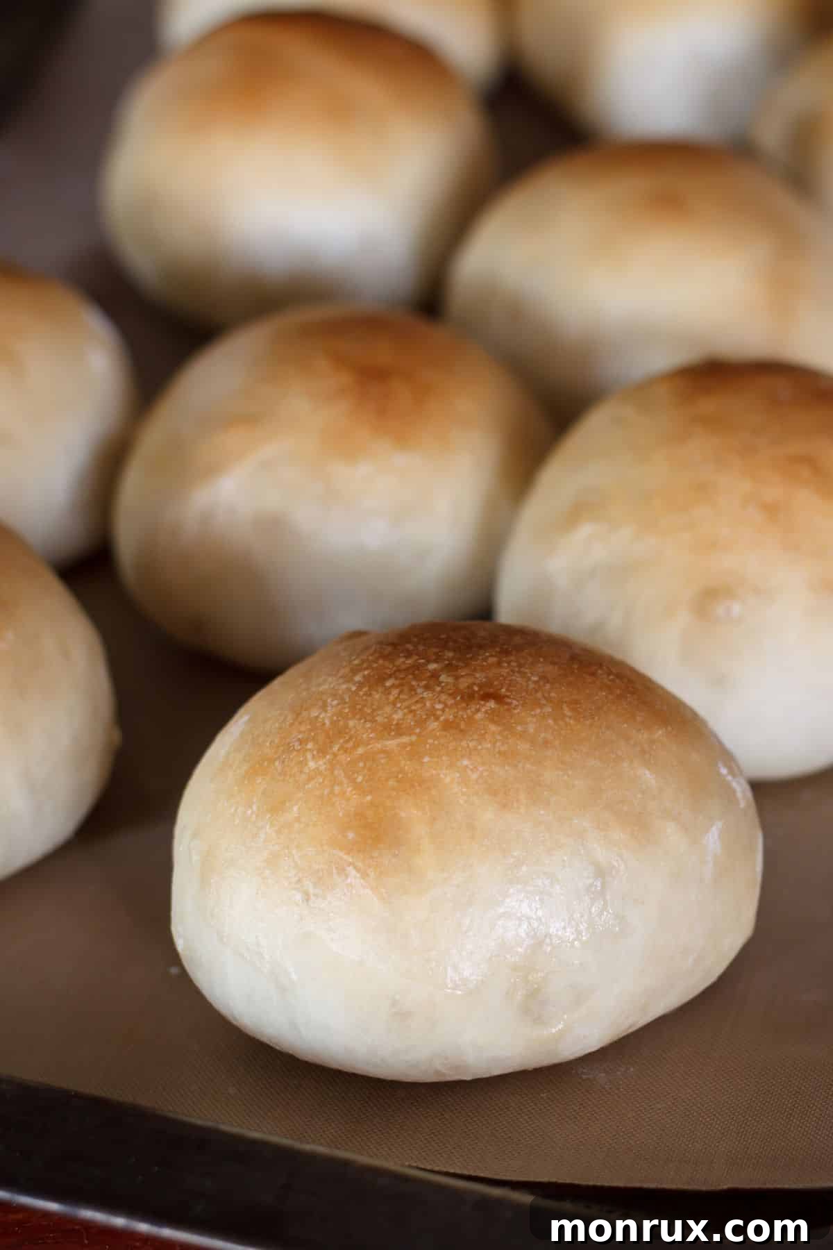 Freshly baked gluten-free dairy-free dinner rolls arranged on a sheet of parchment paper.