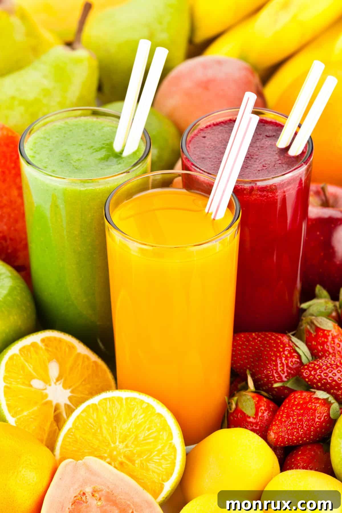 Three cups of fresh juice with straws, surrounded by colorful fruits and vegetables, highlighting the vitality of homemade juice.