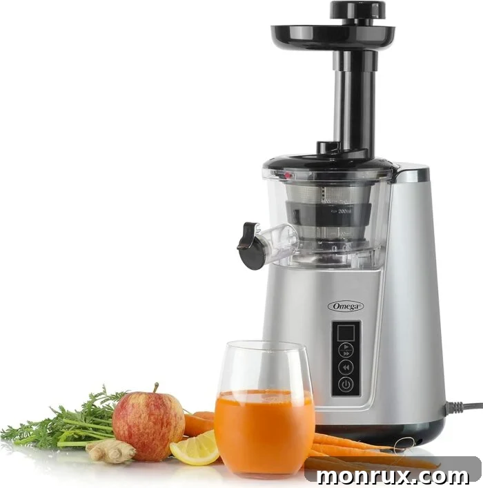 An Omega 365 Cold Press Vertical Juicer, a sleek and compact vertical masticating juicer.