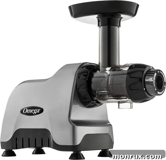 An Omega Compact Slow Speed Juicer, a sleek, black, horizontal juicer with a small footprint.