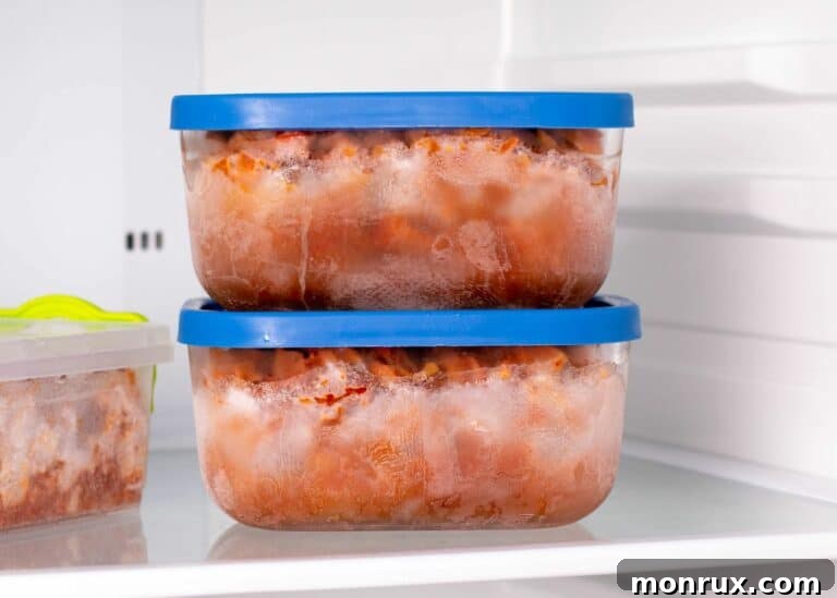 Frozen beef stew in square containers with blue lids.